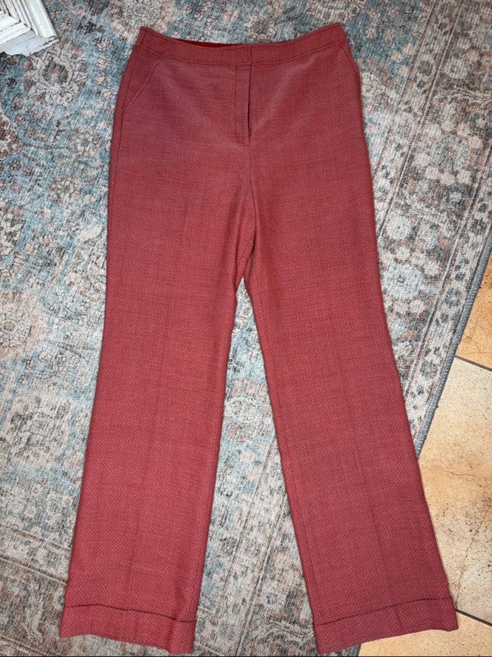 Tory Burch 100% Wool Pants Size 14 Red Textured Cuffed Hem Tailored Trousers